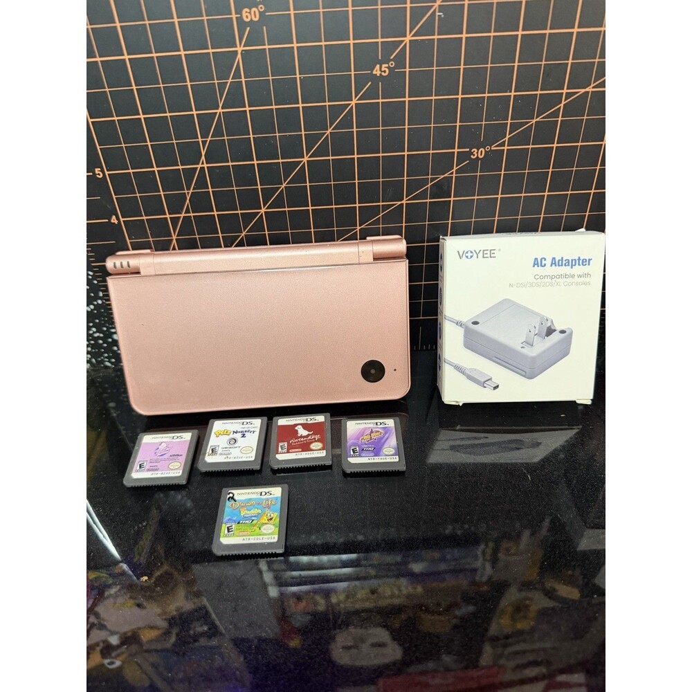 Nintendo DSi XL Metallic Rose Pink Console 5 Games Charger Tested No Stylus!